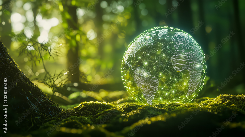 Globe planet glass in green forest with bokeh nature lights. world environment day. concept of environment conservation, protect ecology earth and environmental eco-friendly life banner and copy space Globe planet glass in green forest with bokeh nature lights. world environment day. concept of environment conservation, protect ecology earth and environmental eco-friendly life banner and copy space