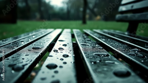 Raindrops on a wooden park bench during a rainy day, green grass in the background. photo