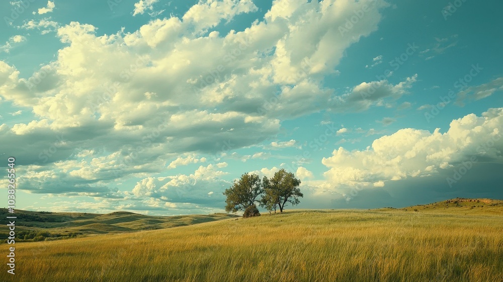 Obraz premium Tranquil Windswept Grasslands Under Dramatic Sky