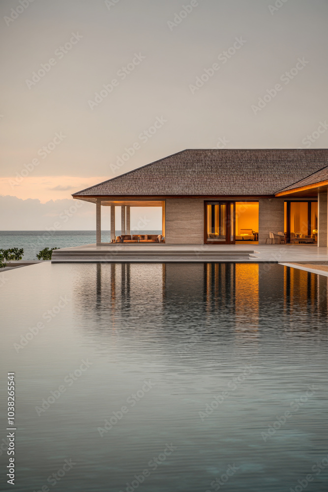Serene oceanfront villa at sunset with tranquil infinity pool reflecting warm evening light Serene oceanfront villa at sunset with tranquil infinity pool reflecting warm evening light