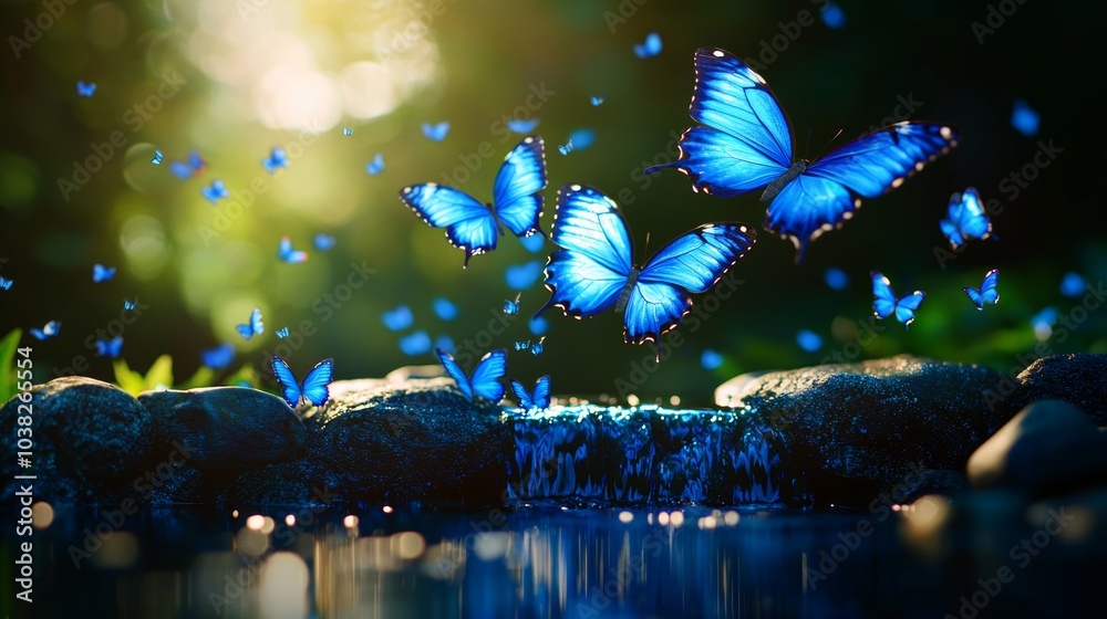 A vibrant scene depicting blue butterflies fluttering around a serene stream in a lush, green environment. A vibrant scene depicting blue butterflies fluttering around a serene stream in a lush, green environment.