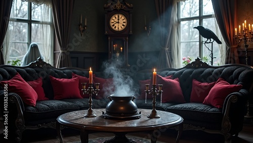 Spooky Halloween living room with Victorian sofa bubbling cauldron ghostly figure and eerie decor photo