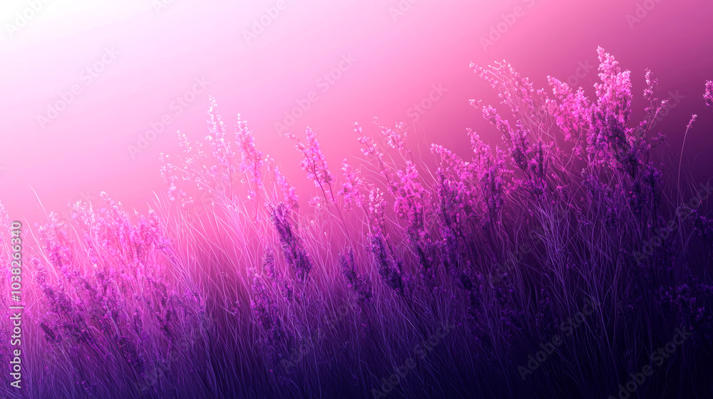 Abstract background with a soft, blurred, pink and purple gradient featuring grass-like stalks blowing in the wind. Abstract background with a soft, blurred, pink and purple gradient featuring grass-like stalks blowing in the wind.
