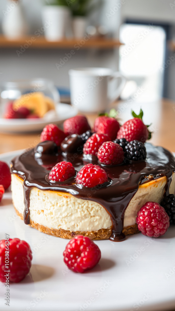 mini cheesecake topped with chocolate berries mini cheesecake topped with chocolate berries