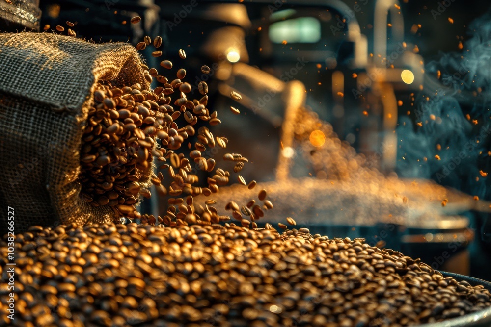 A gourmet coffee roasting facility, with beans being poured from roasters into burlap sacks, capturing the rich aroma and artisanal quality of the product A gourmet coffee roasting facility, with beans being poured from roasters into burlap sacks, capturing the rich aroma and artisanal quality of the product
