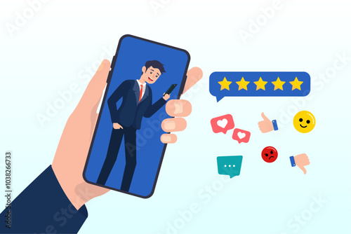 Customer experience, CX or UX user experience, feedback or comment, opinion on product and service, user satisfaction positive or negative feedback concept, man on mobile giving experience rating