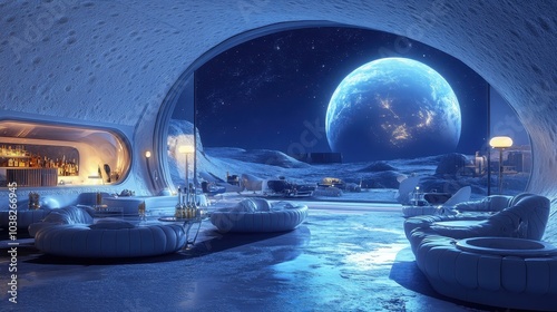 Fototapeta Naklejka Na Ścianę i Meble -  Retro moon base lounge, panoramic space views, retrofuturism furniture, moon cocktails