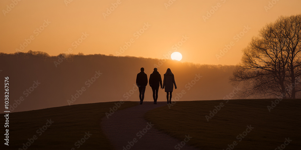 Obraz premium Silhouetted figures walking together at sunset in a serene landscape