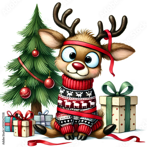 Cute Funny Reindeer With Christmas Decorations Clipart, Funny Zany Expression Reindeer Graphics for Holiday Designs