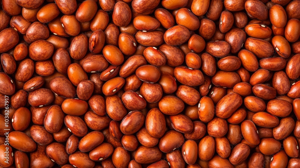 Red beans scattered on a surface, rich brown color and smooth texture.
