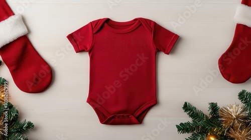 Red baby onesie on wooden surface, festive holiday setting. photo