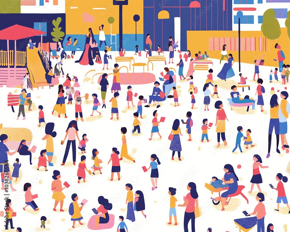 Fototapeta premium Busy playground with families and children playing. Colorful and vibrant illustration for a fun and happy atmosphere.