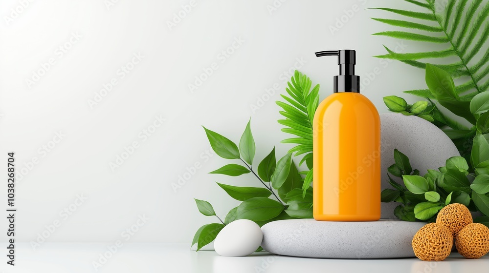 Orange Pump Bottle with Green Leaves and White Stones Orange Pump Bottle with Green Leaves and White Stones