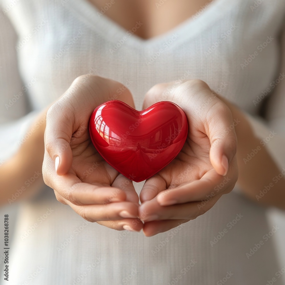 A woman's cupped hands holding a red heart. A woman's cupped hands holding a red heart.