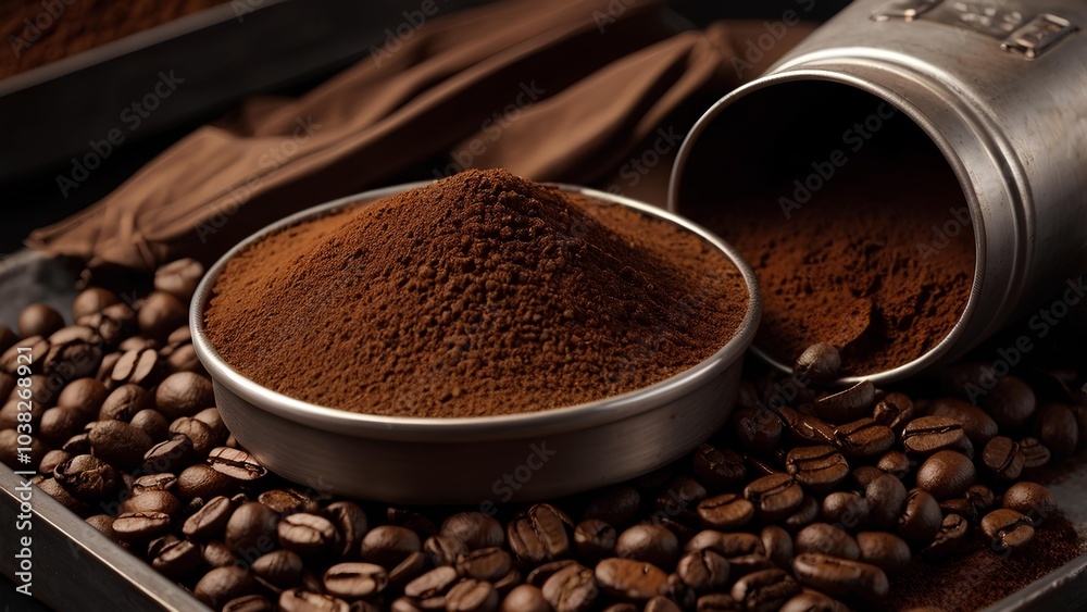 Coffee powder and coffee beans kept in a metal container Coffee powder and coffee beans kept in a metal container