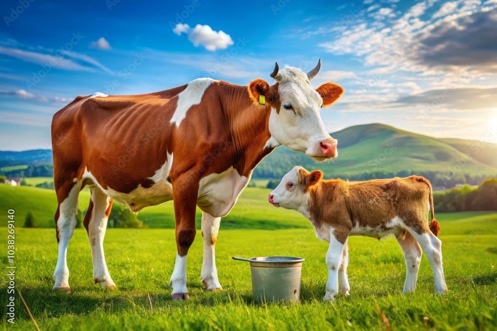 Adorable Calf Drinking Milk from Mother Cow in a Serene Pastoral Farm Landscape, Lush Green Grass, Countryside Setting, Peaceful Nature, Farm Life, Cattle Love Adorable Calf Drinking Milk from Mother Cow in a Serene Pastoral Farm Landscape, Lush Green Grass, Countryside Setting, Peaceful Nature, Farm Life, Cattle Love
