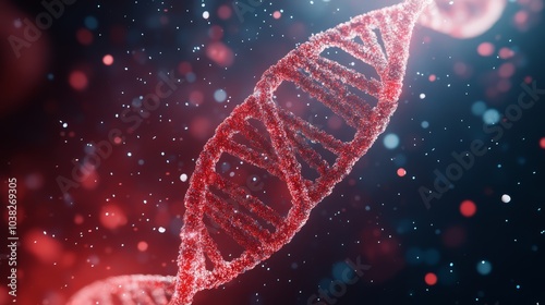 Red DNA double helix structure with blurred colorful particles in the background. photo