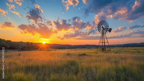 Windmill in field at evening, with beautiful clouds and sunset, located outside the city.