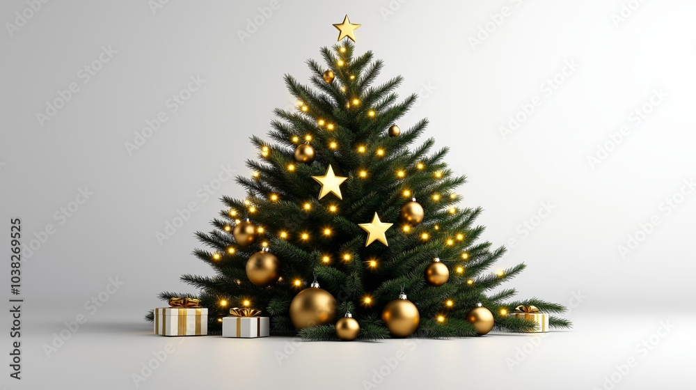 Golden Christmas Tree with Lights and Gifts on White Background