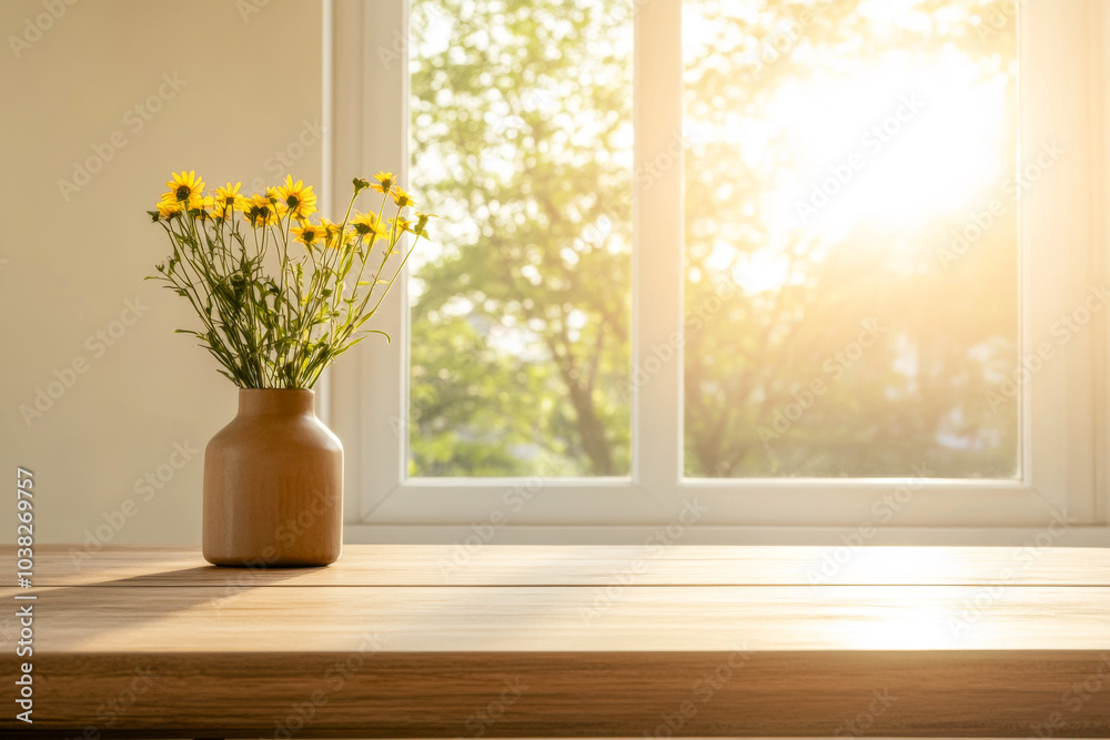 A vase of yellow flowers on a wooden table illuminated by sunlight near a window A vase of yellow flowers on a wooden table illuminated by sunlight near a window