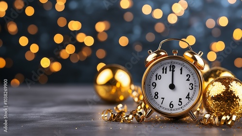 Golden Alarm Clock with New Year s Eve Decorations photo