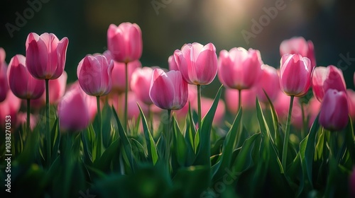 A field of pink tulips in bloom with the sun shining through them.