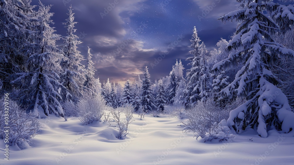 Snowy Tundra Landscape with Pine Trees and Twilight Sky Snowy Tundra Landscape with Pine Trees and Twilight Sky