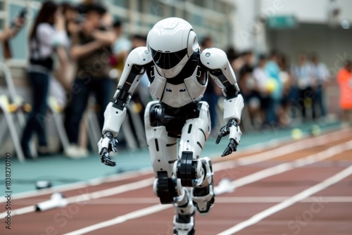 A humanoid robot participating in a sports event, accurately mimicking athletic movements in a controlled environment, emphasizing agility and balance.