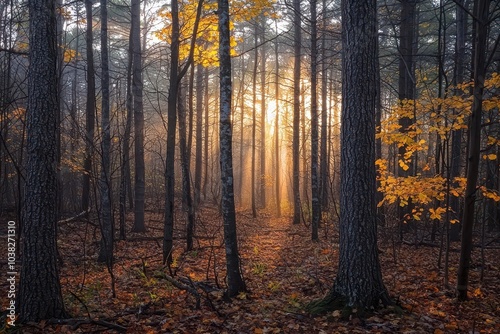 Misty Forest at Sunrise with Golden Light Streaming In