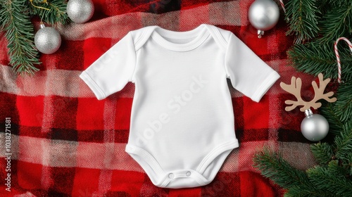 White baby bodysuit on a festive red plaid background.
