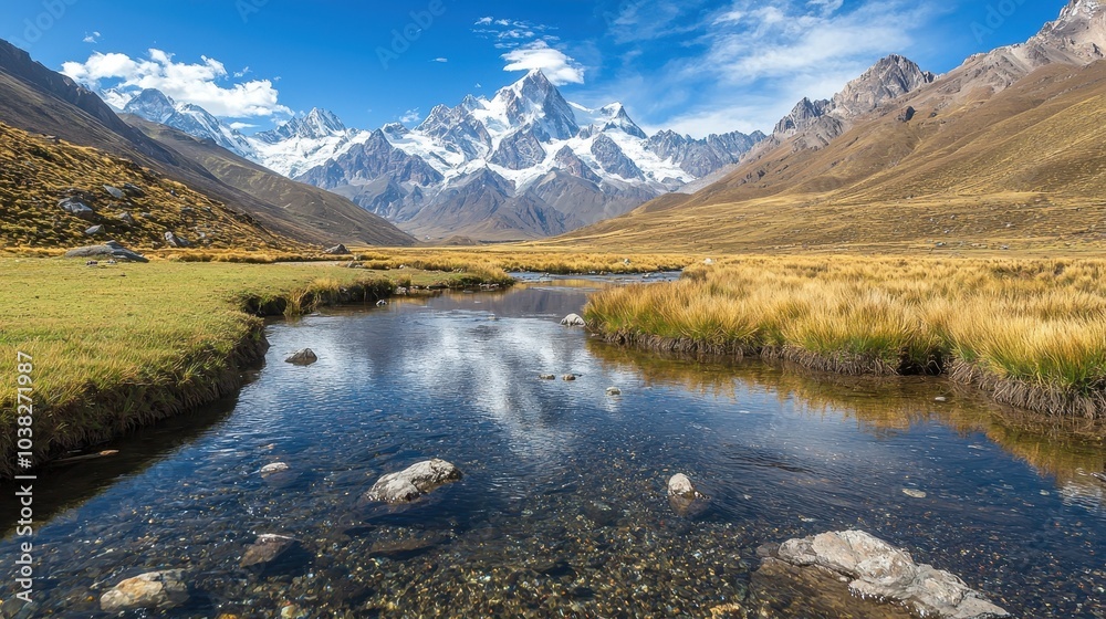 Naklejka premium Serene Alpine Valley with Snow-Capped Peaks