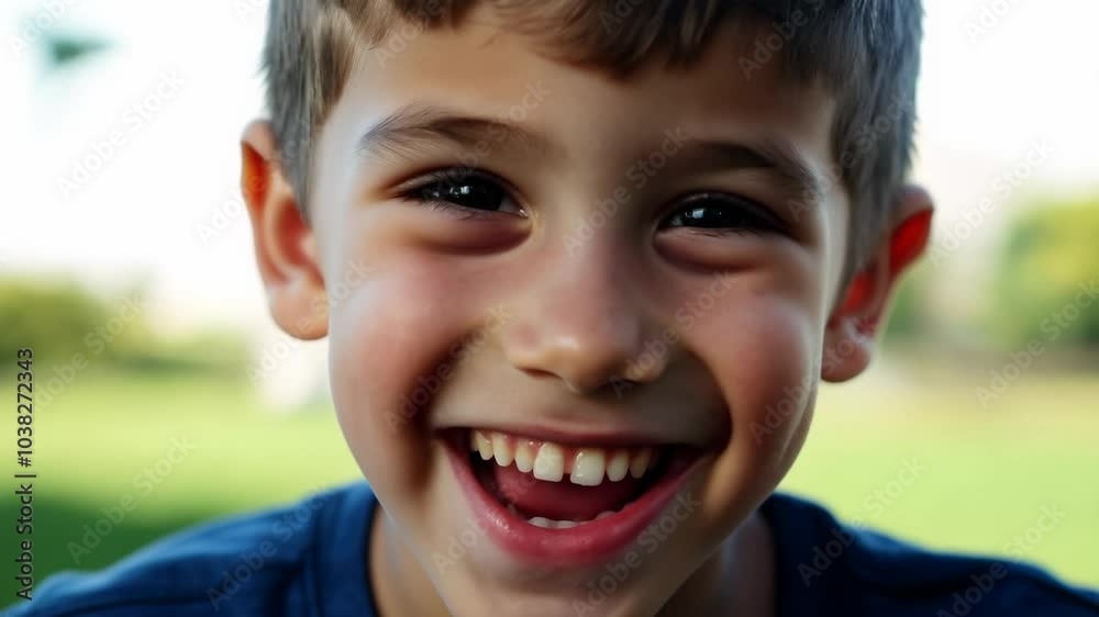 Close-up video of a boy with a scar, expressing excitement with widened eyes and a grin, under natural window light in a blurred park background Close-up video of a boy with a scar, expressing excitement with widened eyes and a grin, under natural window light in a blurred park background