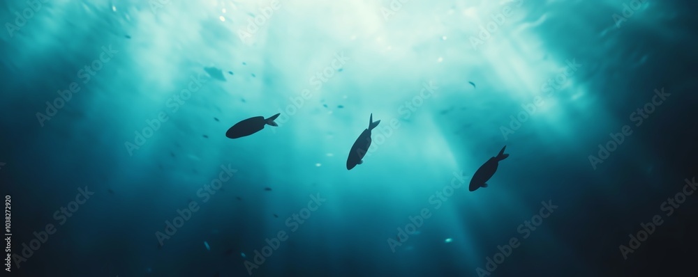Obraz premium Three fish swim through a blue ocean with sunlight shining down.