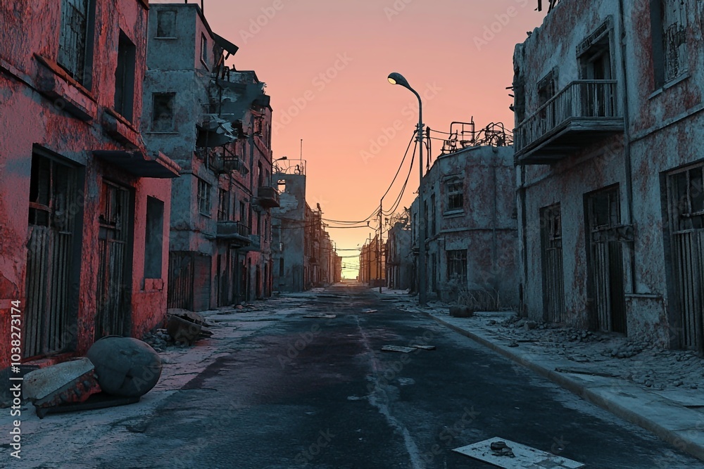 Obraz premium 3D Post Apocalyptic Streets: Ruined Urban Landscape Game Wallpaper Background