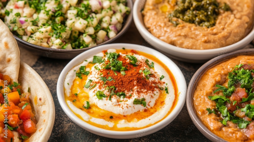 Vibrant Middle Eastern Dishes on Minimalist Background Vibrant Middle Eastern Dishes on Minimalist Background