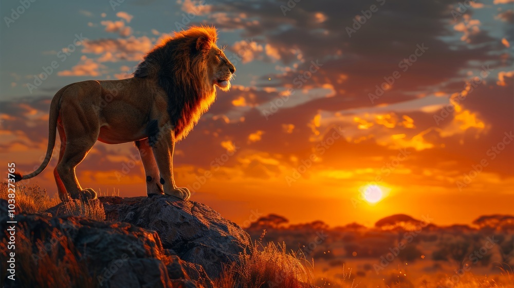 Majestic lion standing proudly on a rock, overlooking the savanna with a dramatic sunset in the background Majestic lion standing proudly on a rock, overlooking the savanna with a dramatic sunset in the background