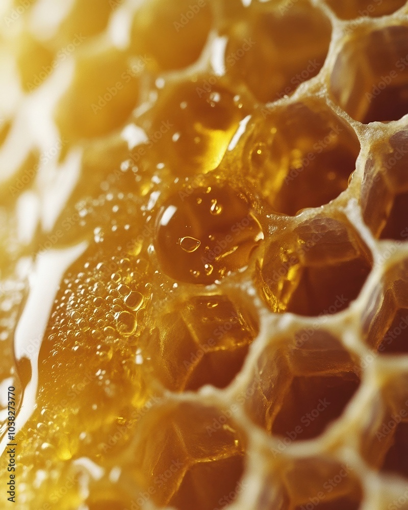 Macro view of honeycomb structure with flowing golden honey, healthy ingredient Macro view of honeycomb structure with flowing golden honey, healthy ingredient
