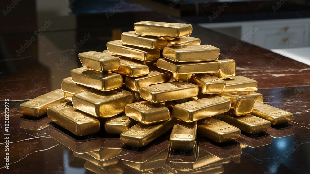 Gold ingots stacked on a marble countertop with reflections