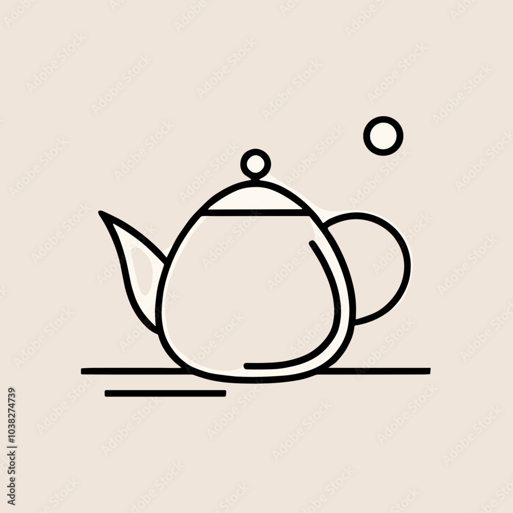Fototapeta premium Minimalist teapot line drawing in black on beige background with copy space