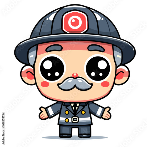 Cute cartoon firefighter character with big eyes and mustache in navy uniform smiling cheerfully