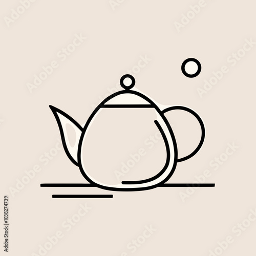  Minimalist teapot line drawing in black on beige background with copy space