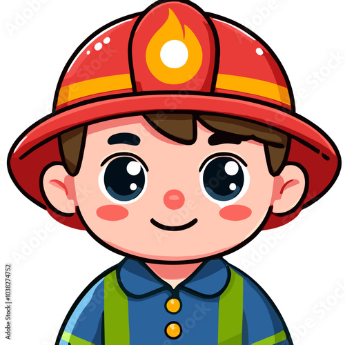 Cute cartoon firefighter character with big eyes and red helmet smiling cheerfully in uniform