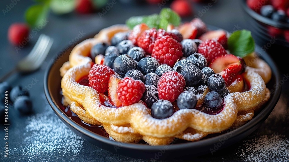 funnel cake topped with powdered sugar and fresh berries funnel cake topped with powdered sugar and fresh berries
