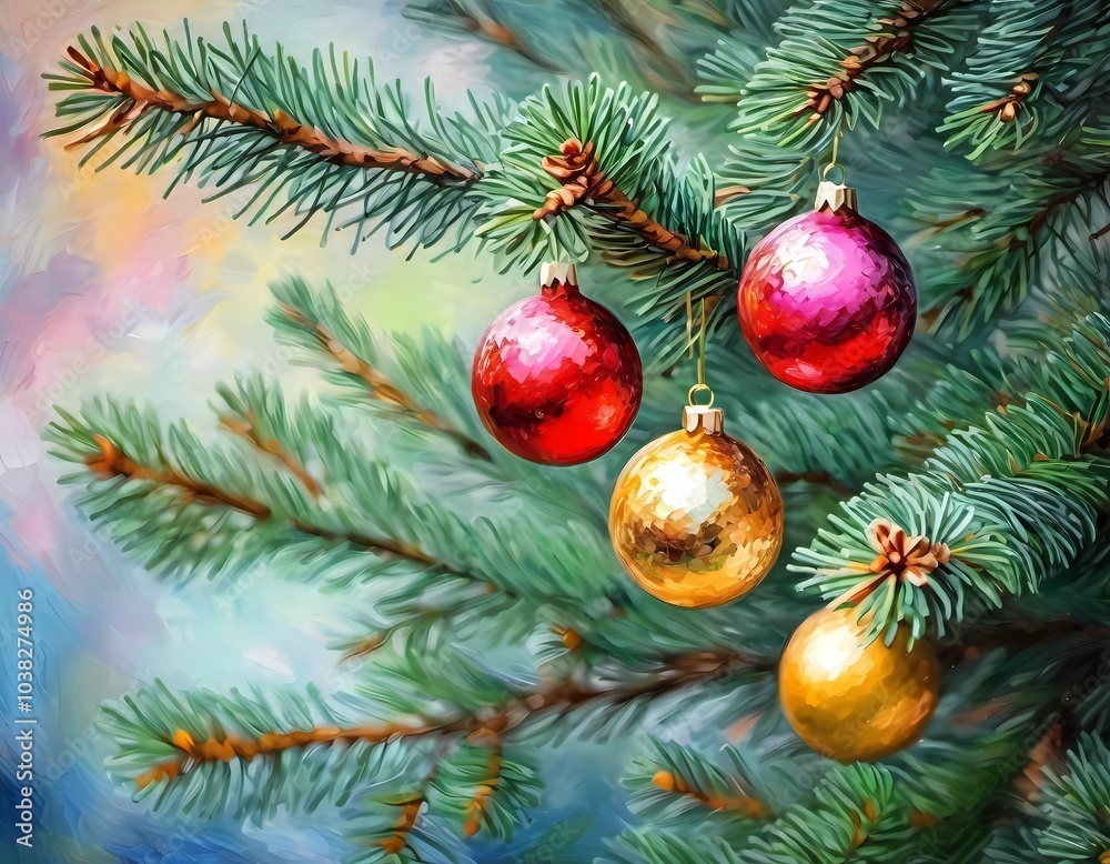 Sparkling ornament balls in vibrant red and gold hang from a lush spruce tree branch. Soft, warm lights twinkle enhancing festive spirit of Christmas. Happy New Year. Art drawing. Generative AI Sparkling ornament balls in vibrant red and gold hang from a lush spruce tree branch. Soft, warm lights twinkle enhancing festive spirit of Christmas. Happy New Year. Art drawing. Generative AI