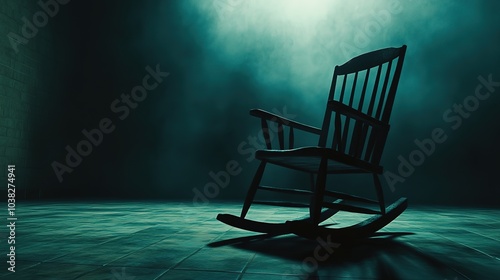 Mysterious silhouette of rocking chair in dark room with eerie g
