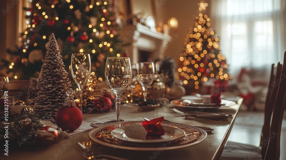 A beautifully and elegantly set table as if for painting a Christmas dinners picture. Sharp shadows sand colored retro vintage interior. Warm family atmosphere. Beige background. A beautifully and elegantly set table as if for painting a Christmas dinners picture. Sharp shadows sand colored retro vintage interior. Warm family atmosphere. Beige background.