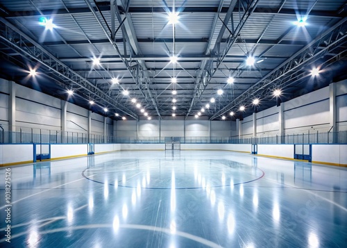 Minimalist Photography of an Empty Hockey Ice Rink in a Sport Arena, Capturing the Essence of Tranquility and Space in a Winter Sports Environment