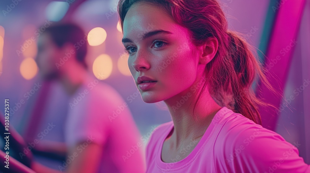 Young woman working out on treadmill in neon gym lighting. Young woman working out on treadmill in neon gym lighting.