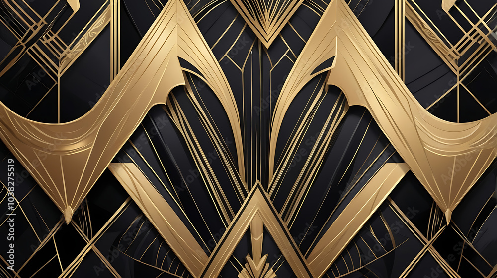 Luxurious Art Deco Abstract Background with Gold and Black Symmetry

