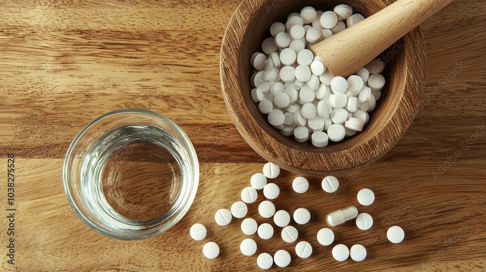pills and a glass of water. selective focus pills and a glass of water. selective focus